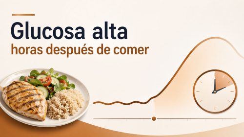Plato de comida, reloj y curva de glucosa que aumenta varias horas después