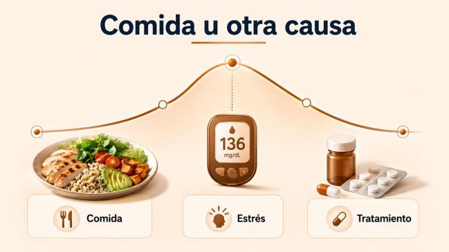 Comparación entre comida, estrés y tratamiento como causas de una subida de glucosa
