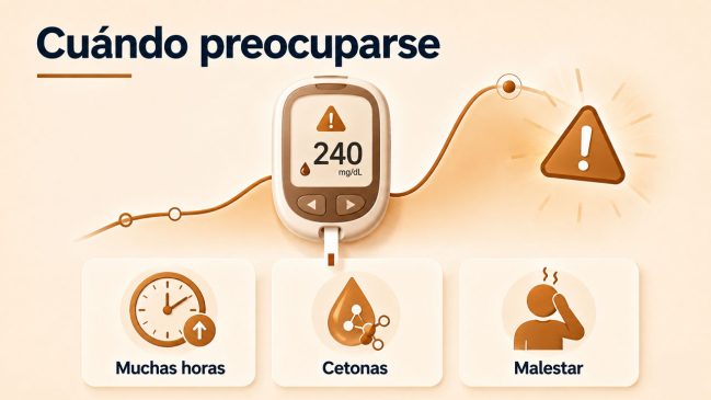 Glucómetro con glucosa alta y señales relacionadas con cetonas y malestar