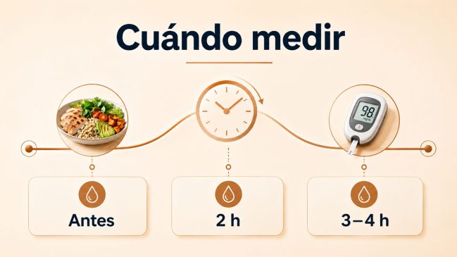 Mediciones de glucosa antes de comer, a las dos horas y a las tres o cuatro horas
