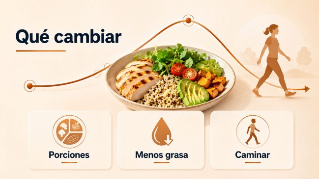 Plato equilibrado, control de las porciones, menos grasa y una persona caminando