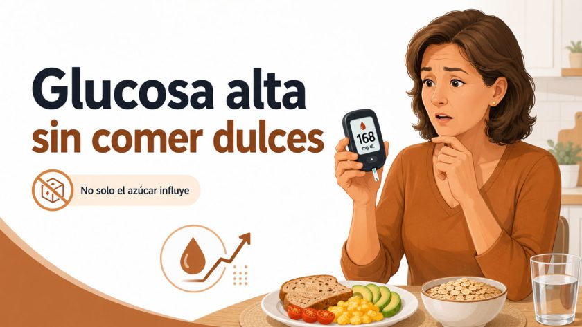 Ilustración de una mujer mirando con preocupación un glucómetro que marca 168 mg/dL, sentada en una cocina con un desayuno sin dulces