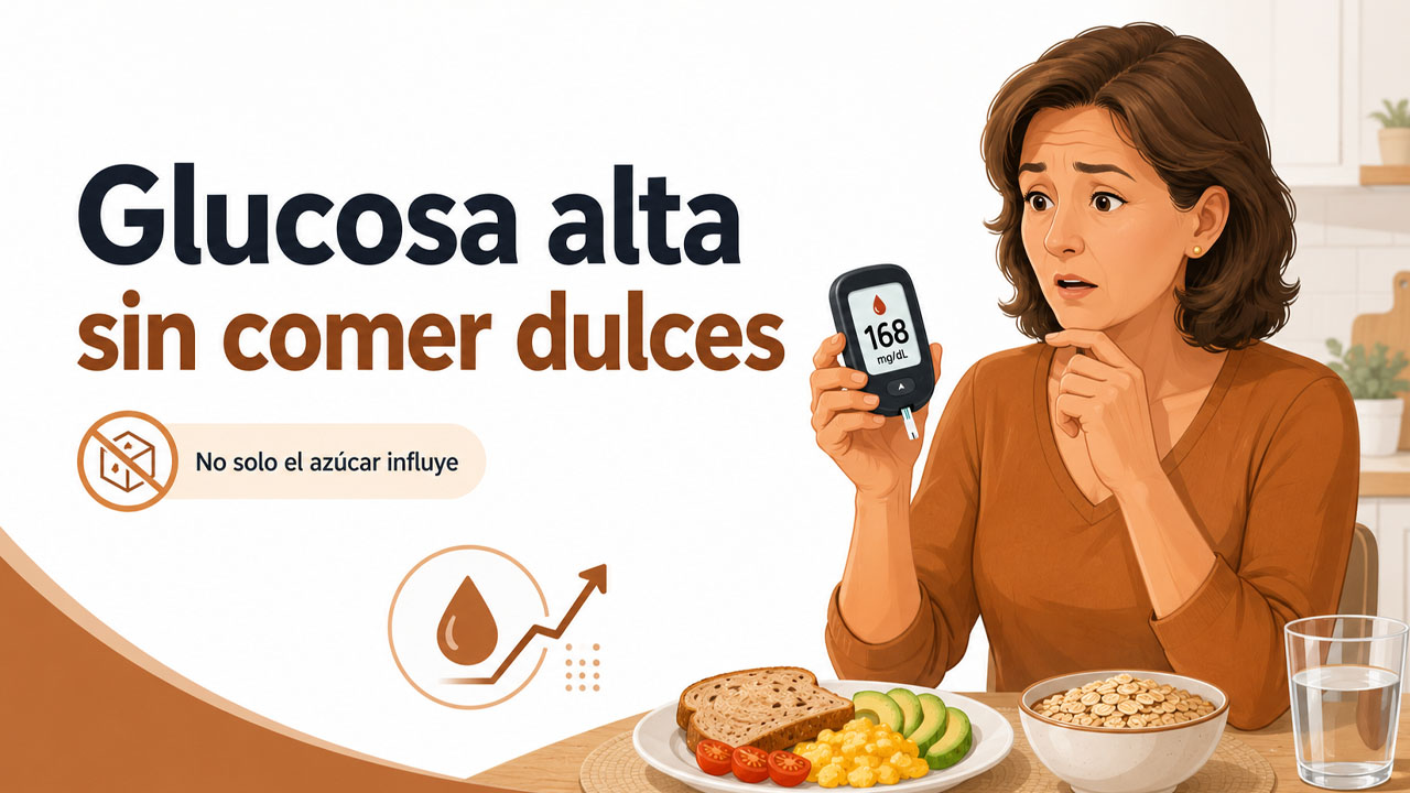 Ilustración de una mujer mirando con preocupación un glucómetro que marca 168 mg/dL, sentada en una cocina con un desayuno sin dulces