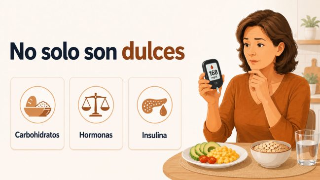 Mujer ilustrada mirando un glucómetro junto a un desayuno y tarjetas de carbohidratos, hormonas e insulina