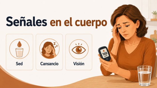 Mujer ilustrada cansada sosteniendo un glucómetro junto a tarjetas de sed, cansancio y visión