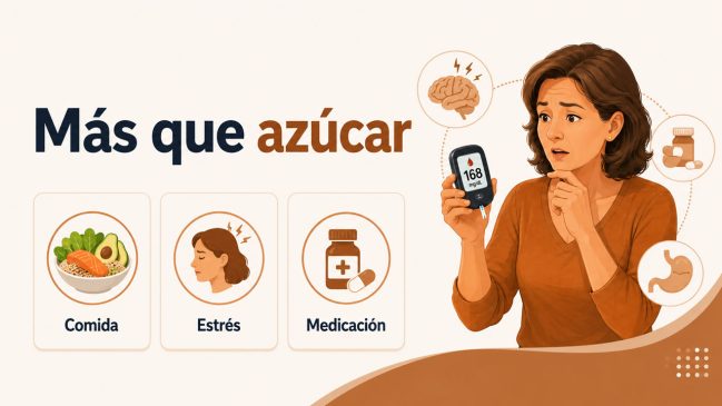 Mujer ilustrada preocupada mirando un glucómetro junto a tarjetas de comida, estrés y medicación