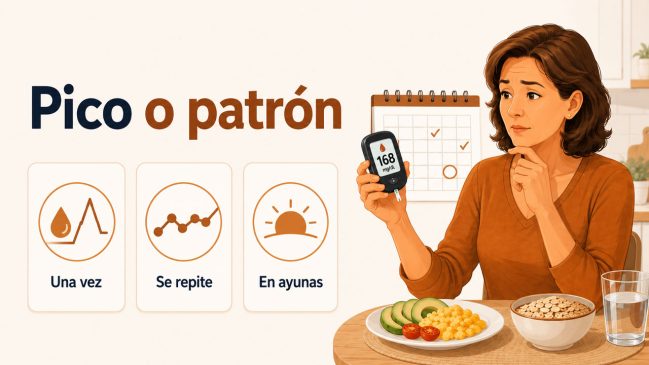 Mujer ilustrada comparando un glucómetro con un calendario y tarjetas de una vez, se repite y en ayunas