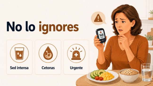 Mujer ilustrada preocupada mirando un glucómetro junto a tarjetas de sed intensa, cetonas y urgente