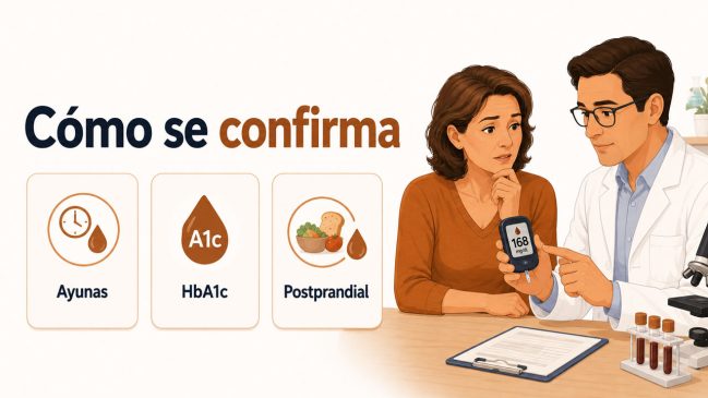Mujer ilustrada en consulta médica revisando un glucómetro con un médico y tarjetas de ayunas, HbA1c y postprandial