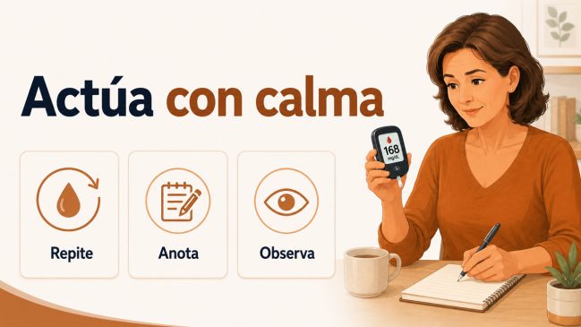 Mujer ilustrada anotando una medición de glucosa en casa junto a tarjetas de repite, anota y observa