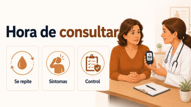 Mujer ilustrada hablando con una médica que muestra un glucómetro junto a tarjetas de se repite, síntomas y control