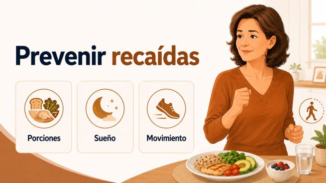 Mujer ilustrada junto a una comida equilibrada y tarjetas de porciones, sueño y movimiento