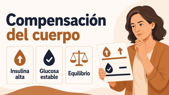 Mujer ilustrada con informe médico junto a tarjetas de insulina alta, glucosa estable y equilibrio