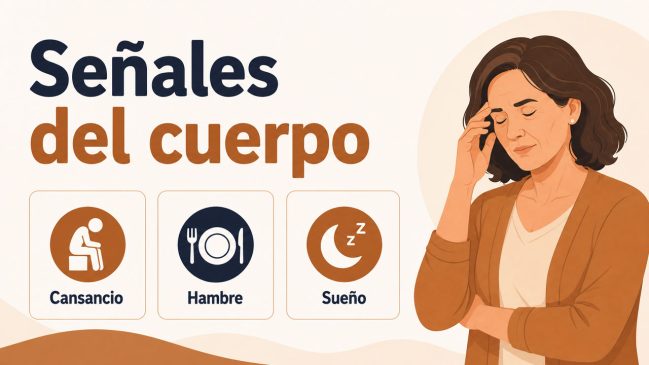 Mujer ilustrada con gesto de cansancio junto a tarjetas de cansancio, hambre y sueño