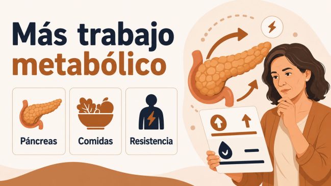 Mujer con informe médico junto a un páncreas grande y tarjetas de páncreas, comidas y resistencia