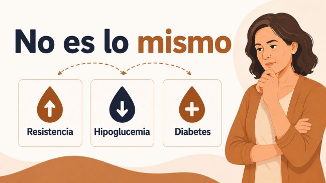 Mujer pensativa junto a tarjetas de resistencia, hipoglucemia y diabetes