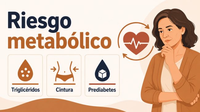 Mujer pensativa junto a un corazón con flechas y tarjetas de triglicéridos, cintura y prediabetes