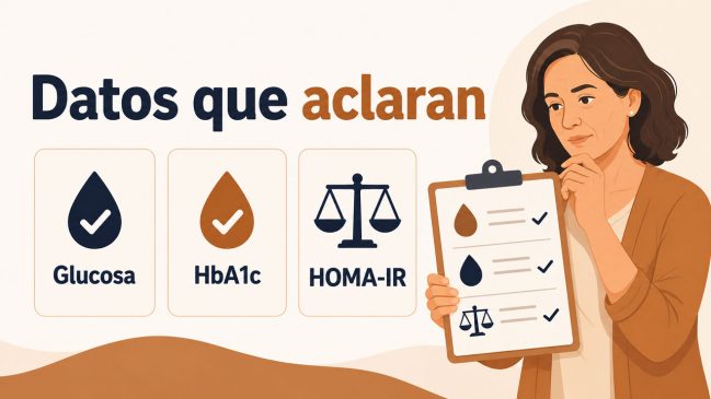 Mujer con hoja clínica junto a tarjetas de glucosa, HbA1c y HOMA-IR