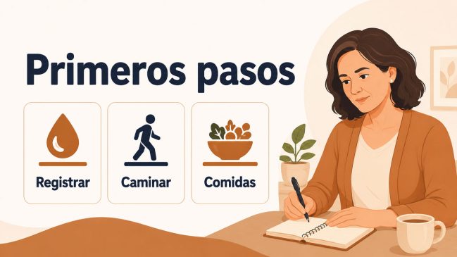 Mujer escribiendo en una libreta junto a tarjetas de registrar, caminar y comidas