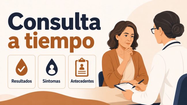 Mujer en consulta frente a una doctora junto a tarjetas de resultados, síntomas y antecedentes