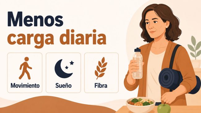 Mujer con botella y esterilla junto a tarjetas de movimiento, sueño y fibra